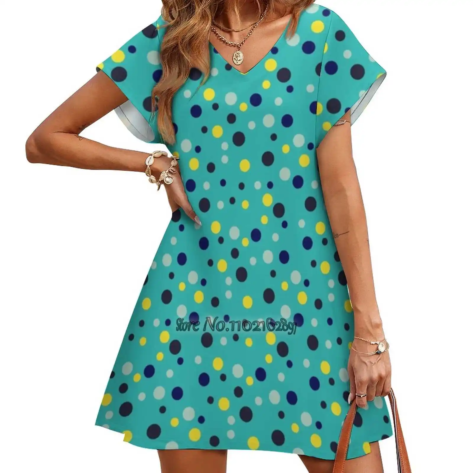 

Random Blue Yellow Navy And Mint Polka Dots V-Neck Short Sleeve Skirt Slim Skirts Loose Elegant Fashion Dress 5Xl Polka Dot