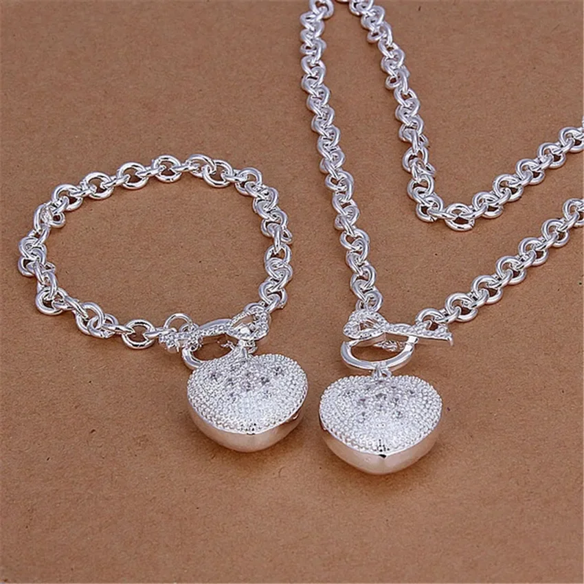 

Cute Christmas Gift Pretty Wedding Silver 925 Plated Fashion for Women Classic Lovely Necklace Bracelet Jewelry Set