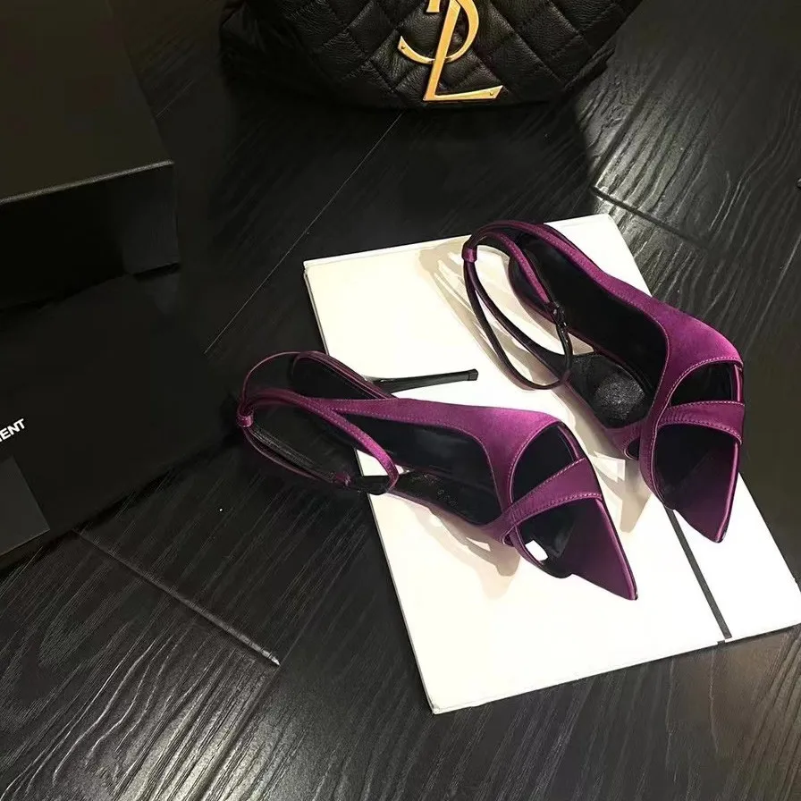 

New Fashion Silk Women Shoes Pointed Toe Thin High Heel Ankle Buckle Strap Party Career Office Lady Slingbacks Pumps