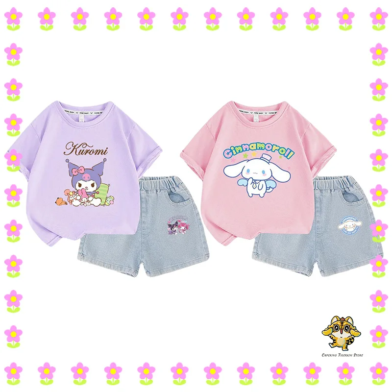 

Sanrio T-shirts Shorts Sets Kuromi Cinnamoroll Kawaii Carton Fashion Girl Two-Piece Clothing Jeans cotton Summer Surprise Gift