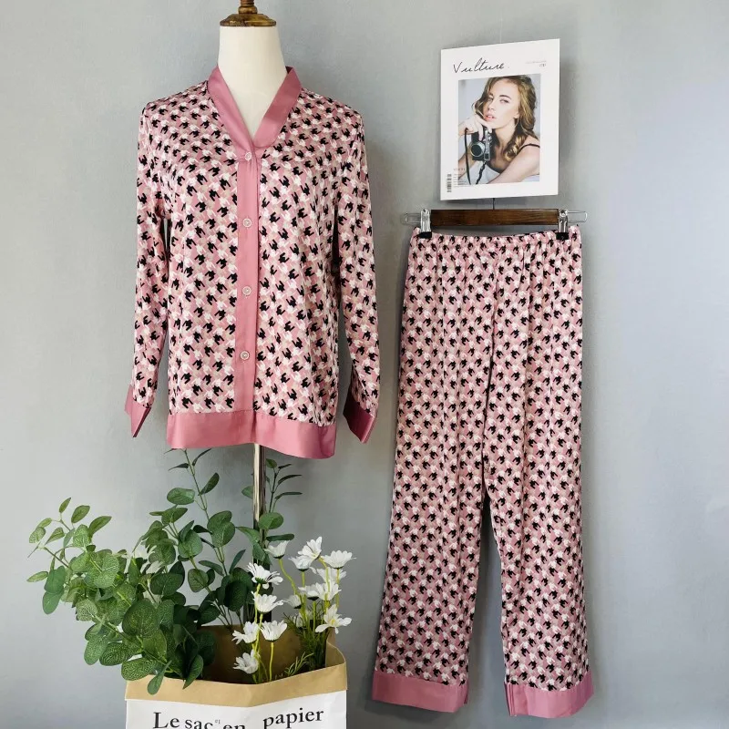 

Women Pajamas Sleepwear V Neck Houndstooth Long Sleeve Nightwear Shirt Pant Home Clothing Loose Homewear Silk Pyjamas Set