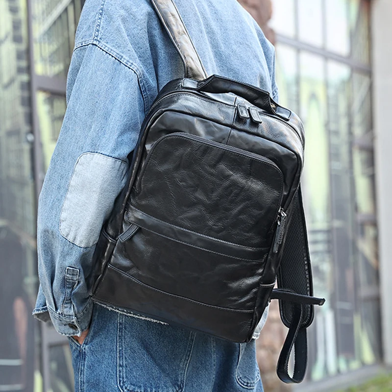 

AETOO Shoulder backpack black plant tanned leather backpack men's backpack large capacity men's bag business casual men's backp