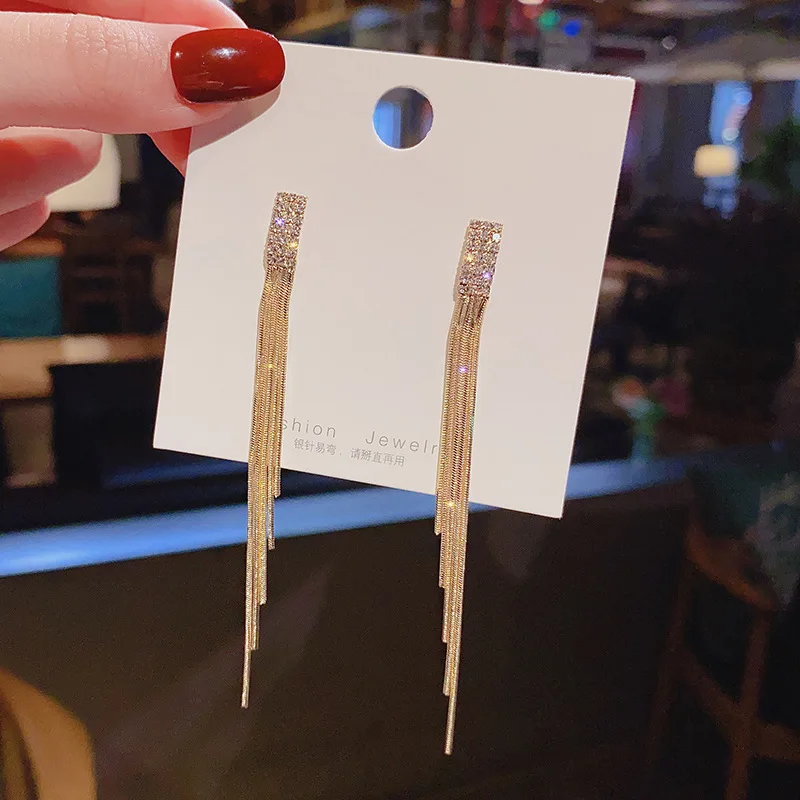 

2022 New Version Full Rhinestone Long Tassel Earrings For Women Simple Golden Silver Color Earrings Party Jewelry Beautiful Gift