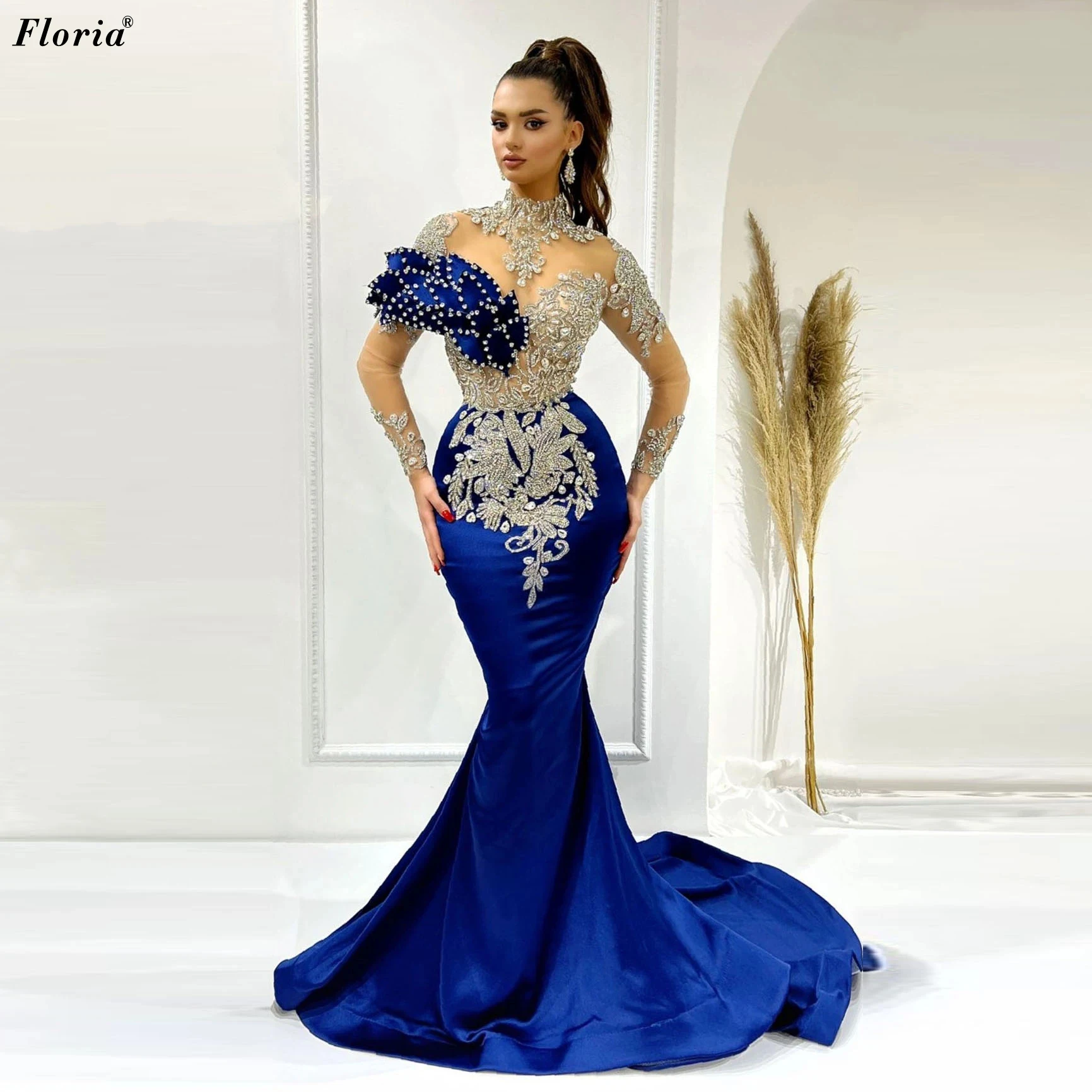 

Royal Blue Evening Dresses Mermaid Crystals Luxury Evening Gowns Long Sleeves Formal Occasion Dresses Coutures Robes De Soirée