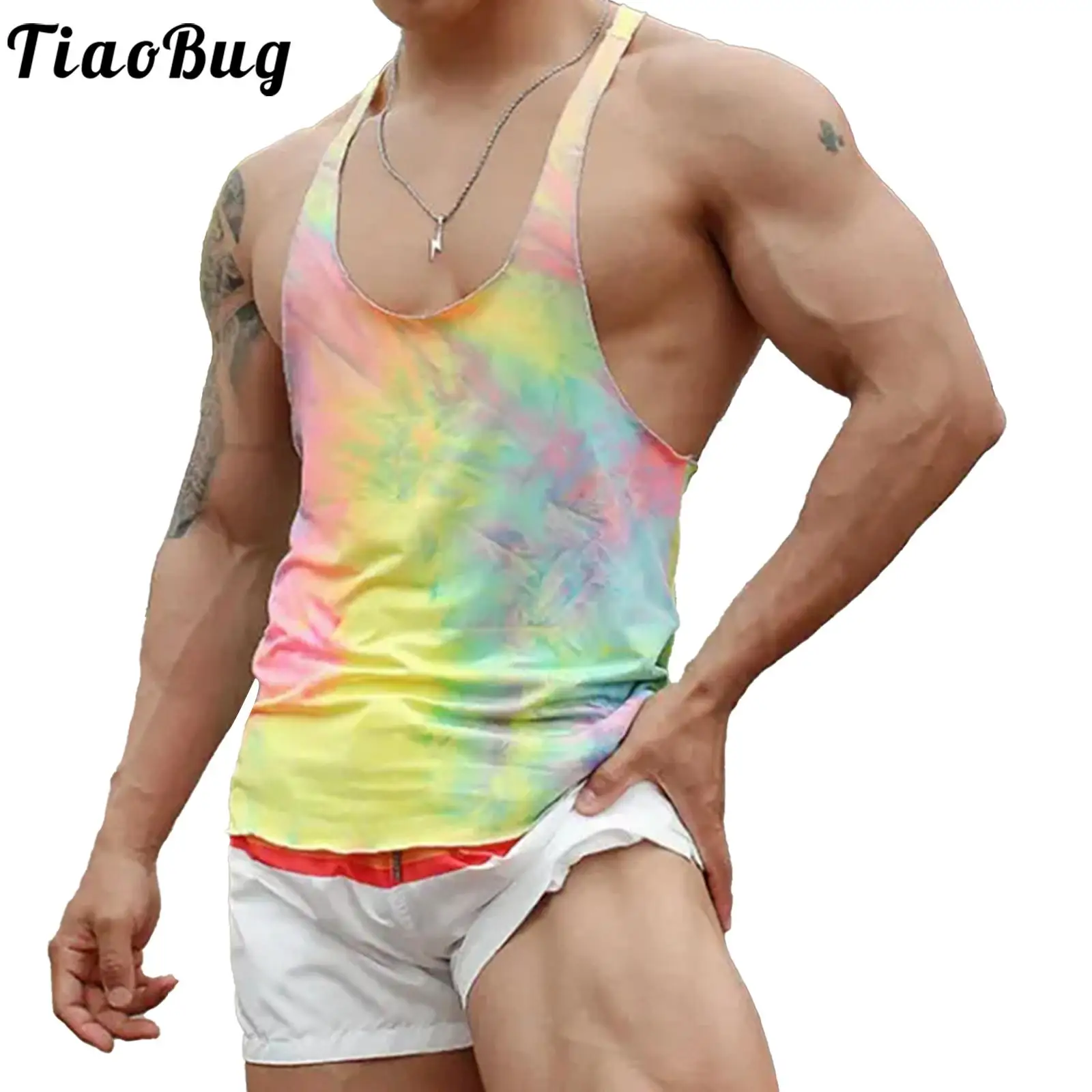 

Men Plunging Low Cut Colorful Tie Dye Print Tank Top Vest Casual Daily Wear Sport Singlets Quick Dry Workout Top for Running