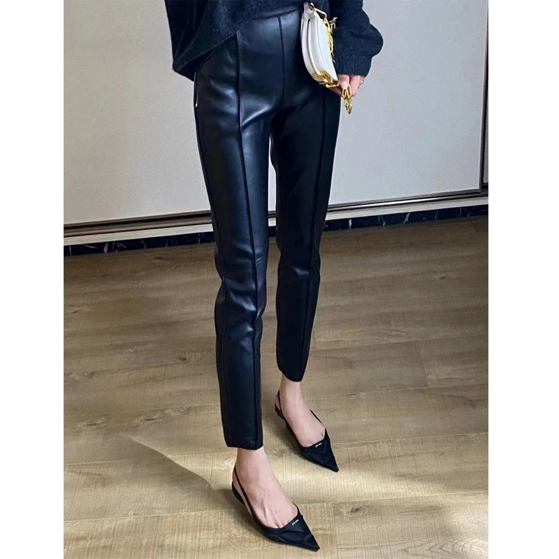 

Women's Genuine Leather Pants Spring Slim Pants Office Lady Pencil Pants Brown Ladies Skinny Sheepskin Leather Pants