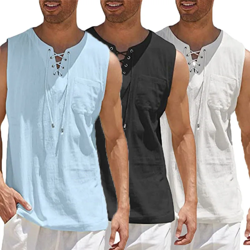 Spring And Summer New Men's Sleeveless Top Medieval Air Eye Lace-Up Stand-Up Collar Men's Pullover Sleeveless Shirt