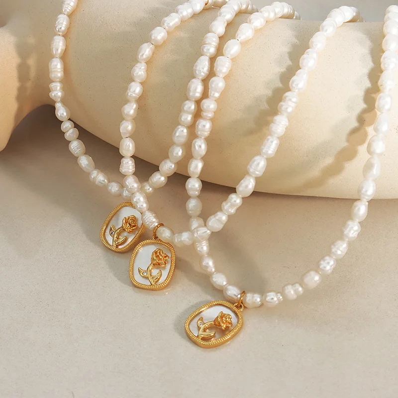 Baroque Freshwater Pearl Necklace For Women Oval Plate Inlaid Zircon Colored Shell Embossed Flower Neck Chain Colorfast Jewelry