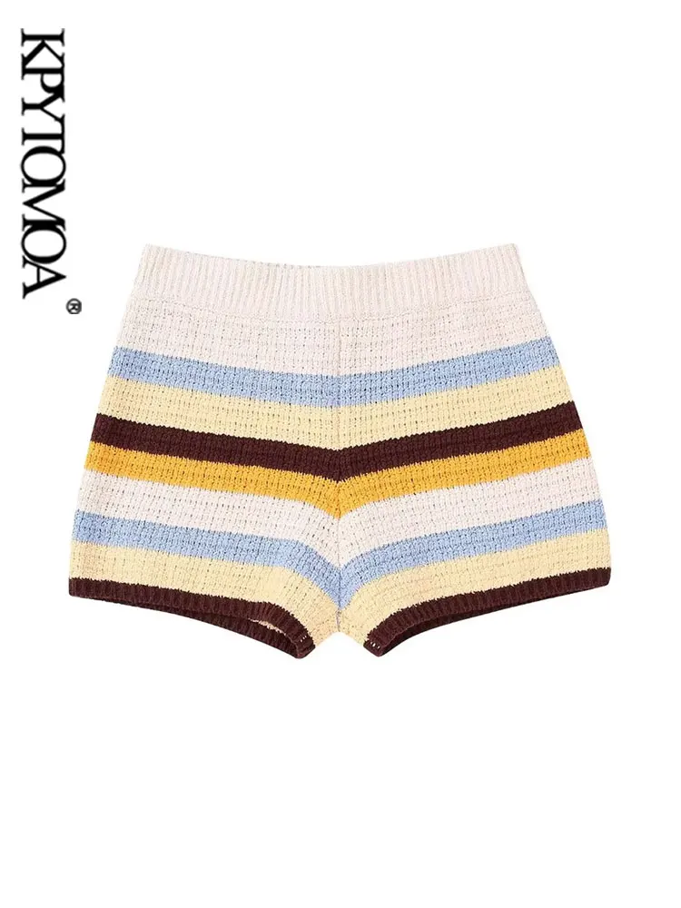 

KPYTOMOA Women Fashion Striped Knit Shorts Vintage High Waist With Elastic Waistband Female Short Pants Mujer