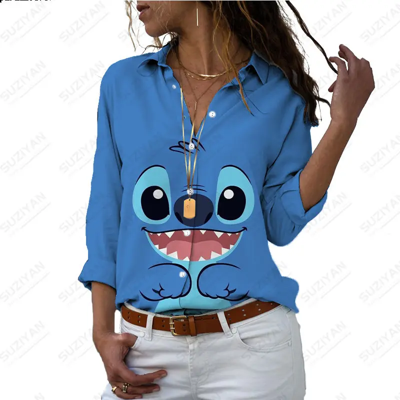 

2023 Disney New Collection Kawaii Cartoon Women's Long Sleeve Shirt Fashion Loose Shirt Women's Fashion 3D Printed Stitch Shirt