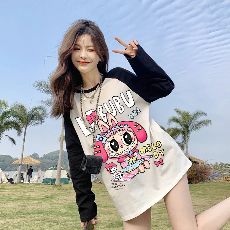 Pop Mart Labubu Long Sleeved T-shirt Women Anime Cartoon Black White Stitching Tops Girls Autumn Fashion Clothing Adult Clothes