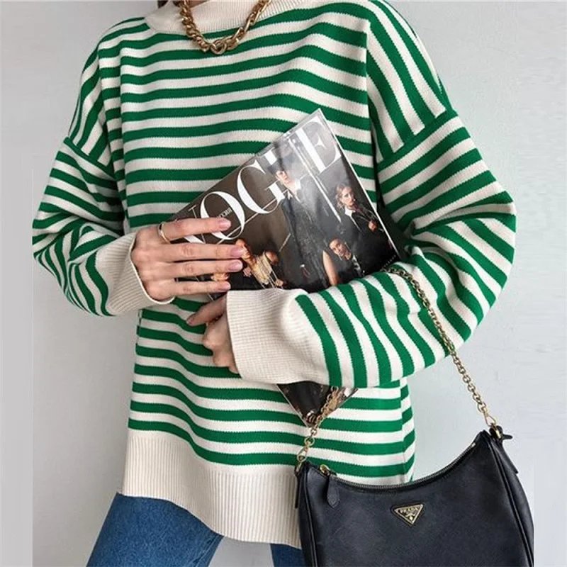

Women O Neck Vintage Striped Sweater Pullovers Casual Loose Long Sleeves Jumper Autumn Winter Female Drop Shoulder Kintting Tops