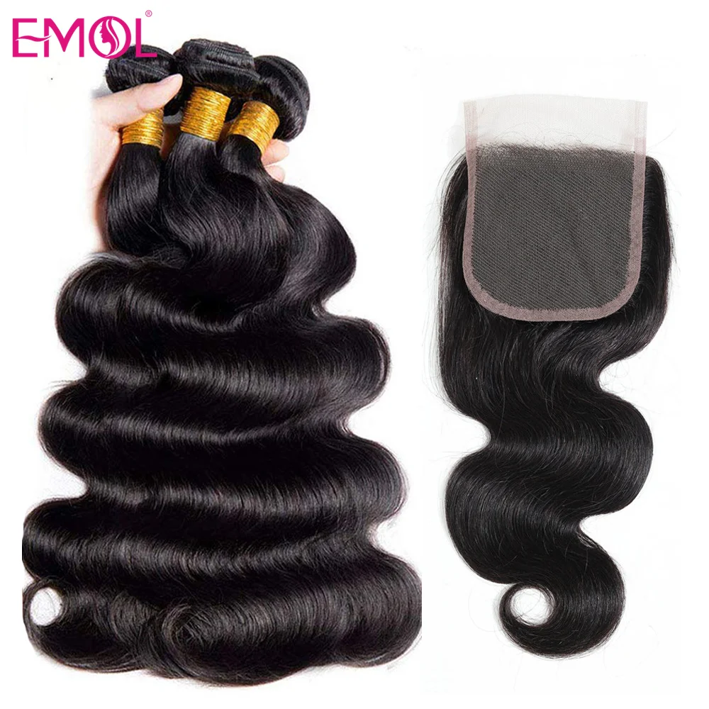 

Emol Hair 4x4 HD Lace Closure With Bundles Peruvian Body Wave Hair 8-28 Inch Long Human Hair Weave Bundles With 4x4 Lace Closure