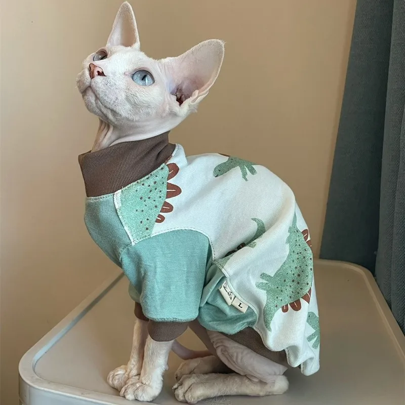 Spring Sphynx Clothes for Cat Dinosaur Printing Pet Sweatershirt Cat Clothes Cotton Coat For Devon Rex Soft T-shirt Long Sleeves