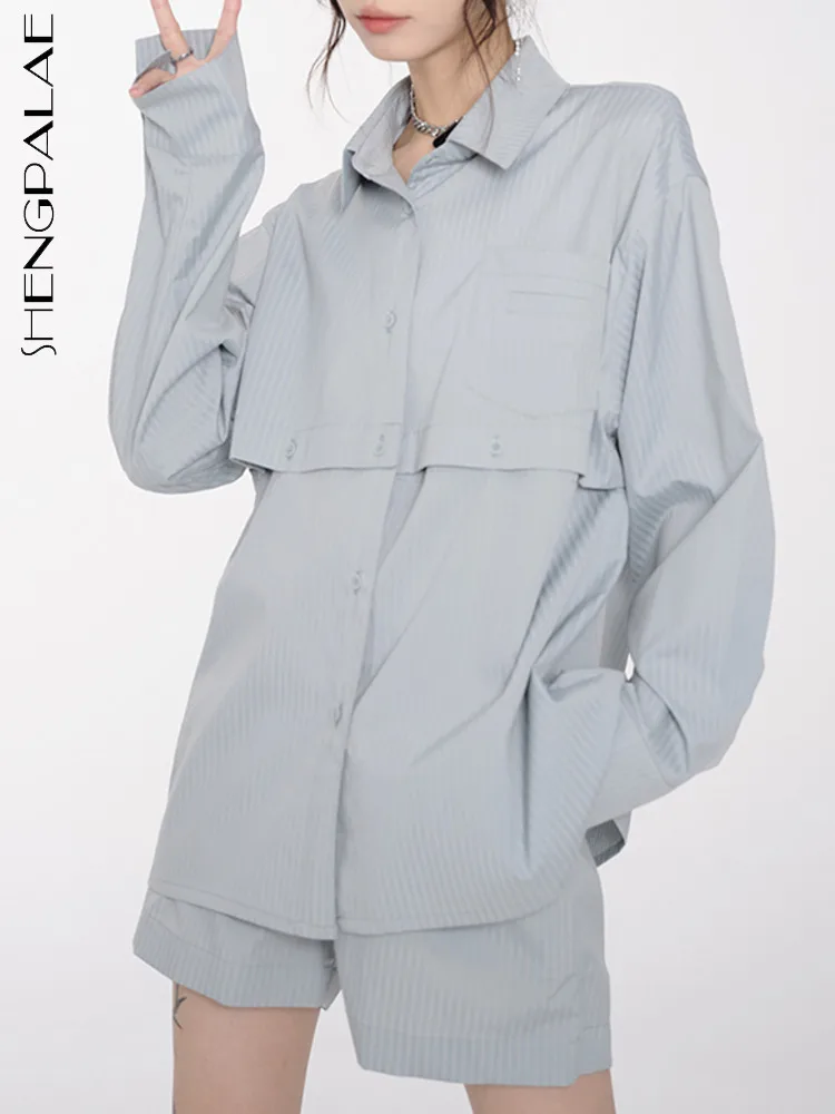 

SHENGPALAE Fashion Women Shirt Lapel Single Breasted Long Sleeve Detachable Patchwork Solid Color Blouse Autumn 2023 New 5R4427