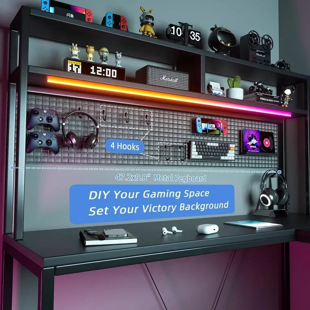 Shaped Desk with Hutch and Pegboard - 67&quot L Gaming LED Lights Corner Computer Storage Shelves Black