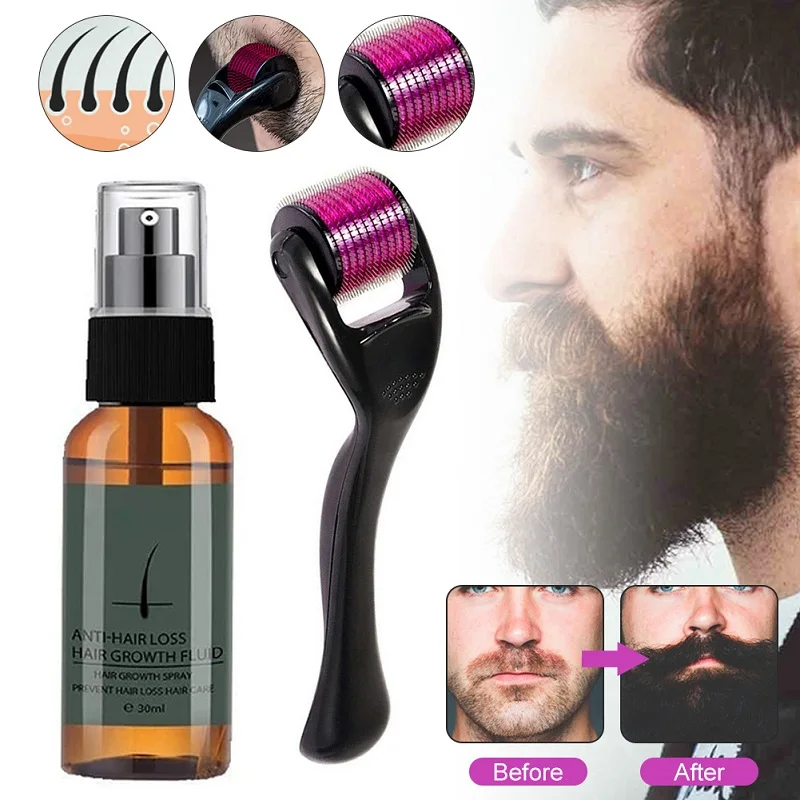 30ml Men Beard Growth Spray Roller Set Beard Care Kit Men's Beard Growth Essence Nourishing Enhancer Beard Oil Serum Hair Care