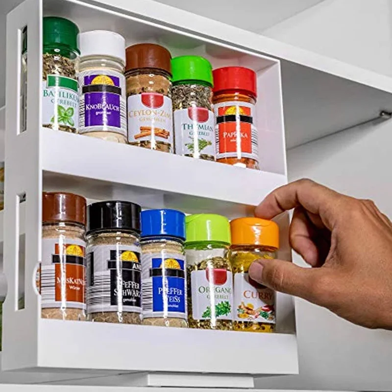 

Expandable Rotating Kitchen Spice Rack Plastic Cupboard Cabinet Slide Organizer Shelf Double Layer Seasoning Herb Storage Tray