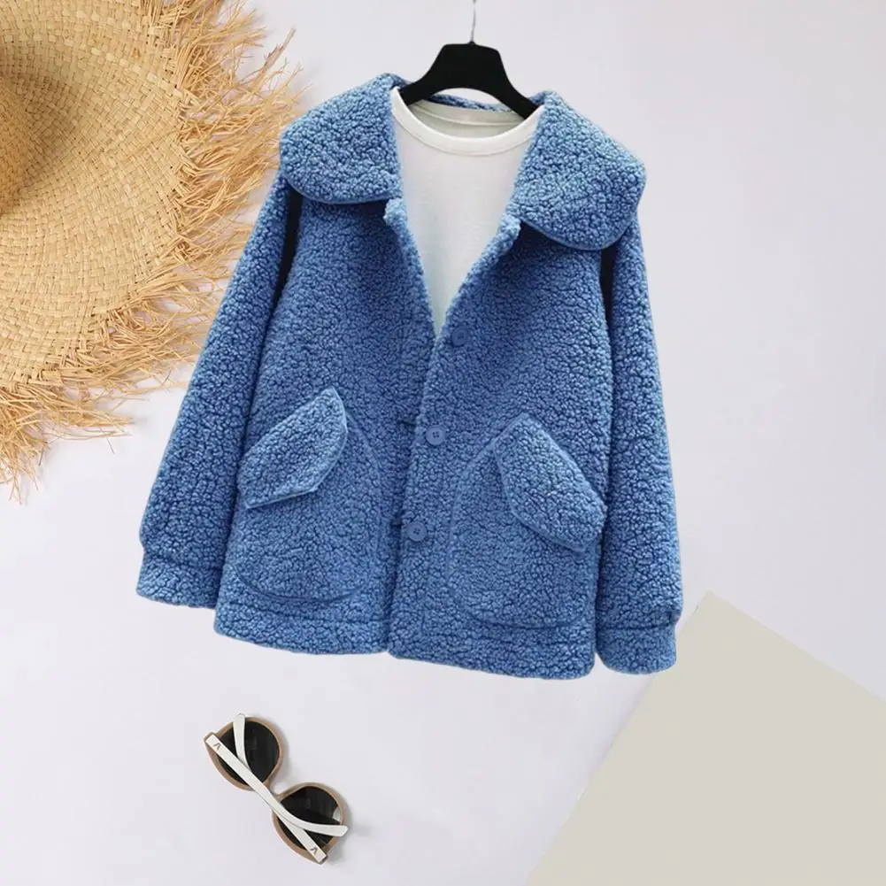 

Women Winter Jacket Solid Color Fleece Cozy Long Sleeves Pockets Warm Turn-down Collar Cardigan Loose Autumn Jacket for Home