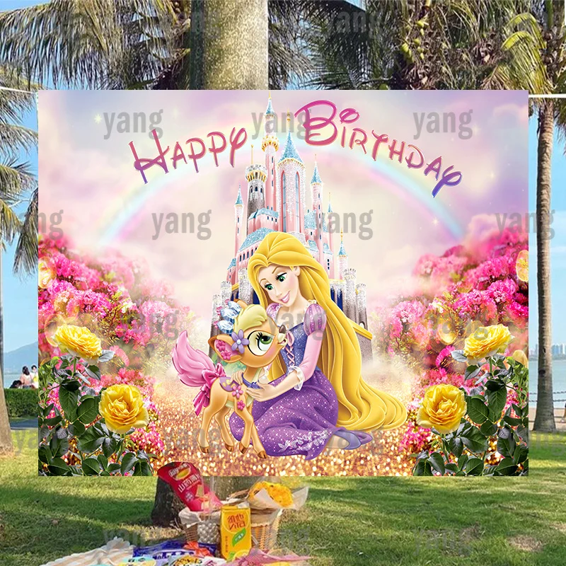 

Princess Rapunzel Rainbow Disney Castle Backdrop Birthday Party Supplies Tangled Baby Shower Flower Banner Background Decoration