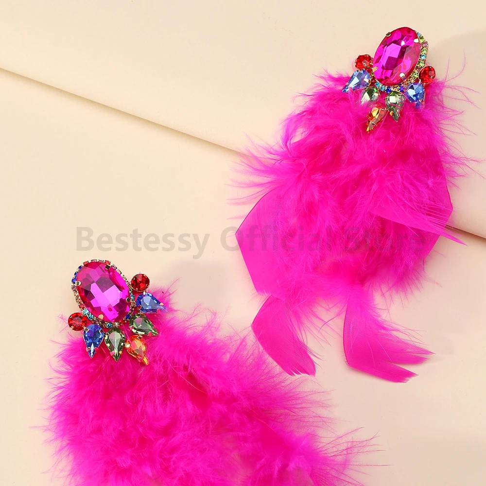 2025 элегантный декор со стразами длинные серьги-капли с перьями роскошные