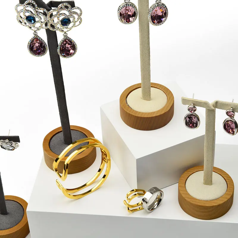 Oirlv Solid Wood Earring Display Stand Round Bottom Earrings Display Holder Shelf 2 Pcs/Set Jewelry Organizer Earrings Display