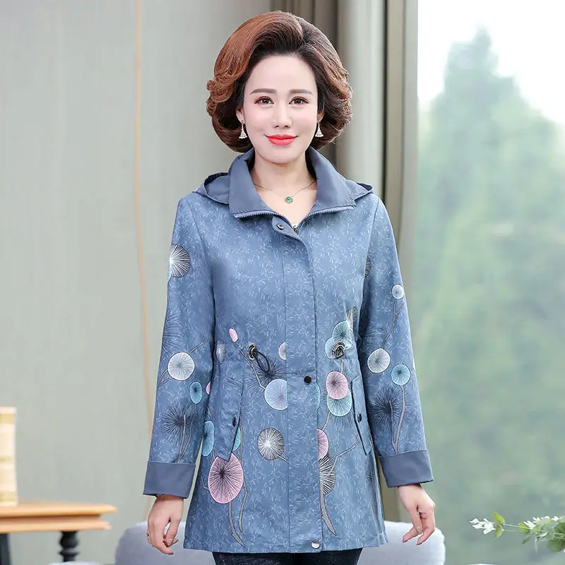 

Women's Trench Coat Spring Autumn Casual Hooded Windbreaker Middle Aged Mother Printing Zipper Jacket Coat Overcoat Lined 5XL