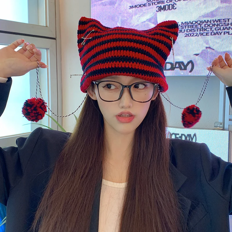 

Y2k Accessories Cat Ear Striped Hand-crocheted Skull Hat Women Autumn Winter Warm Japanese Little Devil Cute Knitted Beanie Cap