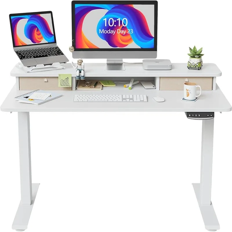 

Electric Standing Desk with Double Drawer, 48 x 24 Inch Stand Up Table with Storage Shelf, Sit Stand Desk with Splice