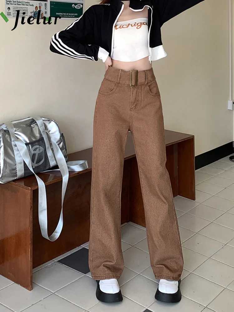 

Женские джинсы с высокой талией для работы, Корейские осенние новые кофейные джинсы-карго, модные шикарные Свободные повседневные расклешенные брюки для девушек, женская модель