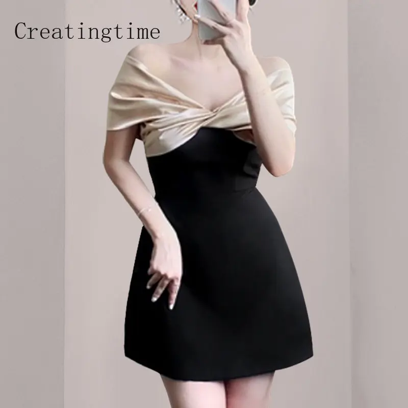 

Sexy Slash Neck Colorblock Splicing Dress For Women 2023 Summer New Slim Short Sleeve High Waist A-line Elegant Dresses 1B108