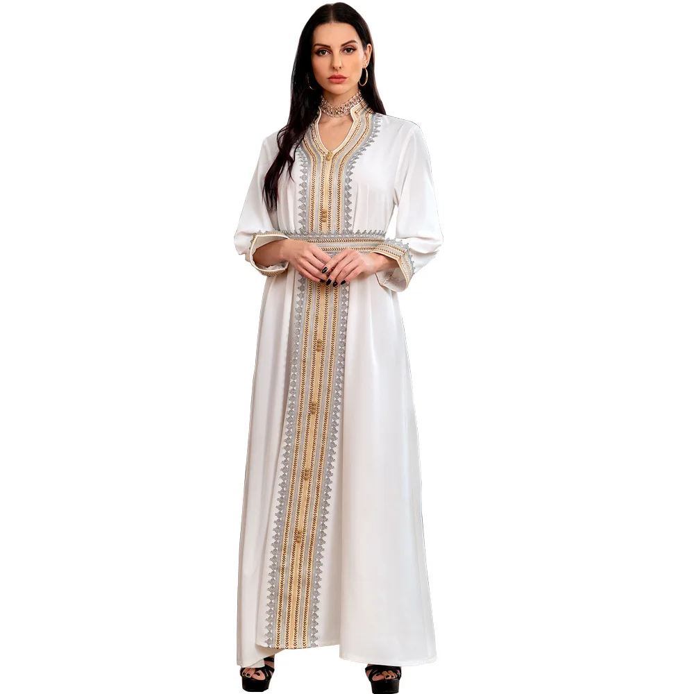 White Middle East Abaya Party Robe Muslim Evening Dress Embroidery Long Sleeves Buttons Dubai Arabic Dresses  abayas for women