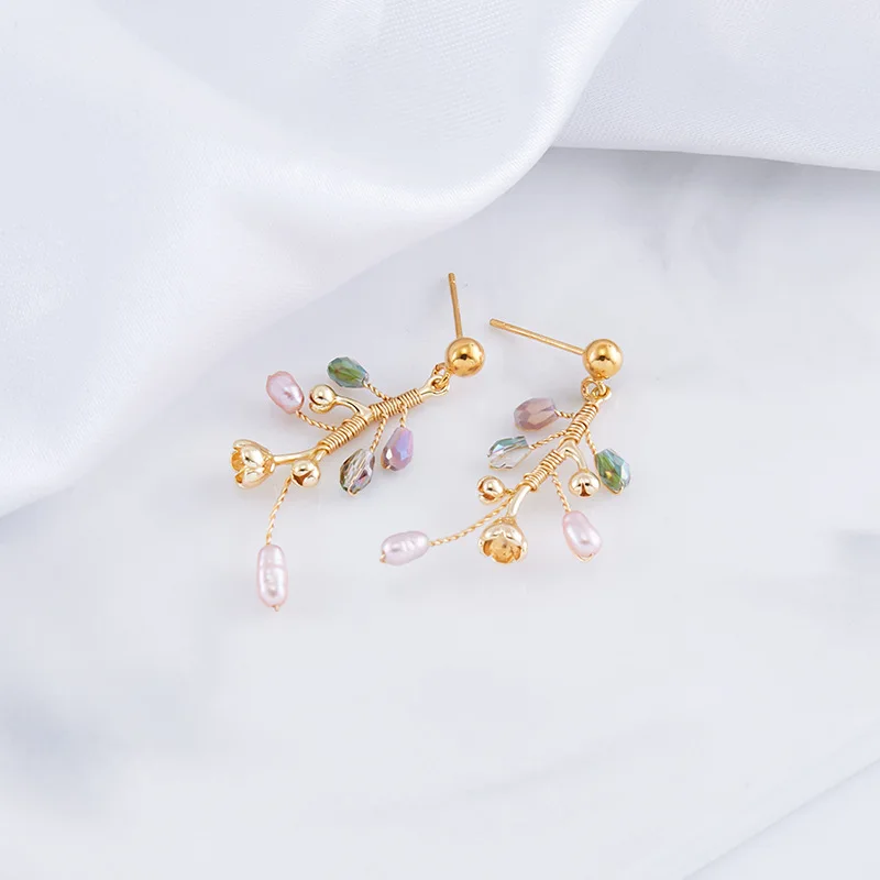 

14k Color-preserving Copper Wire Winding Pearl Earrings Handmade Diy Women Leaf Shape Earrings