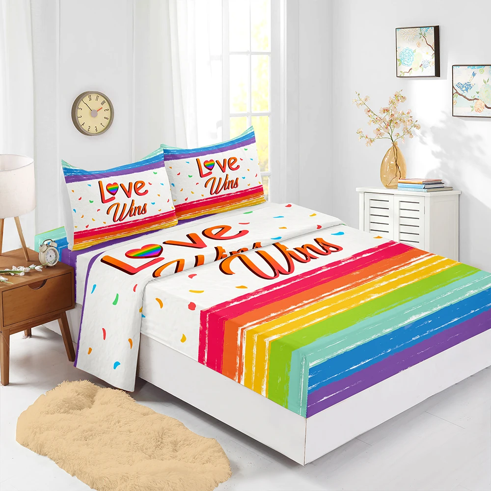 

Rainbow Colored Love Pattern Bedding Sheet Home Digital Printing Polyester Bed Flat Sheet with Pillowcase Print Bed Sheet
