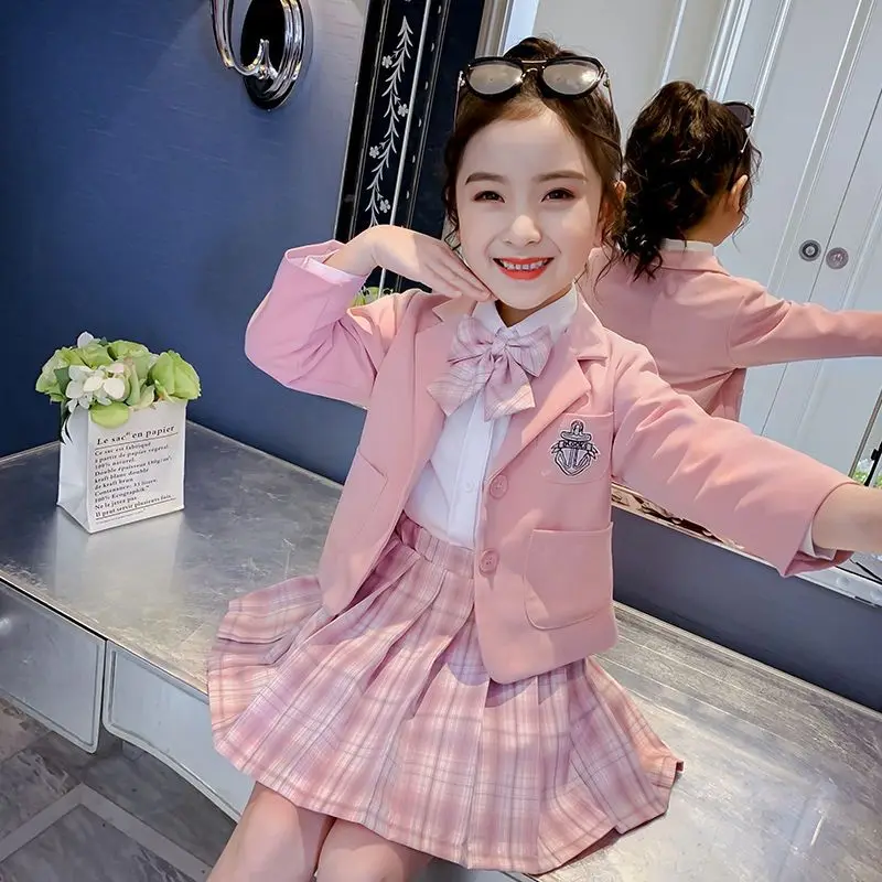 

Girls' Jk Uniform Suit 2023 New Children's College Style Blazer Suit Girls' Blazer Coat Pleated Skirt Shirt 3-Piece Set LE528