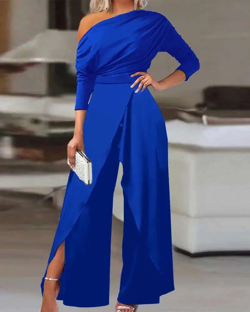 Elegant Jumpsuits for Women 2023 Spring New Sexy Slit Ruched Cold Shoulder Wide Leg Jumpsuit Office Lady Party Black Jumpsuit