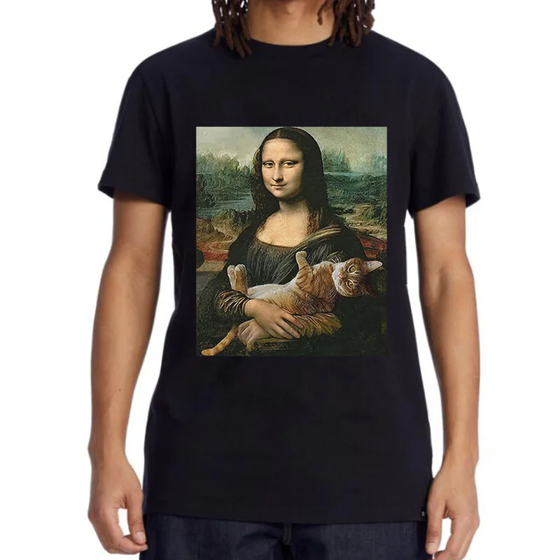 

Men's top quality100%cotton cool tee shirt casual Funny Mona Lisa print loose short sleeve t shirt o-neck t-shirt male tees tops