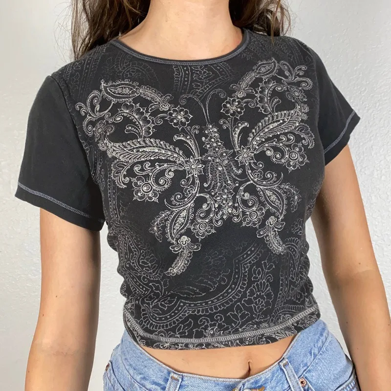 

Women Fairy Grunge Vintage Crop Top Short Sleeve O Neck Pullovers Butterfly Graphic Cute Basic Harajuku T-Shirt Summer Blouse