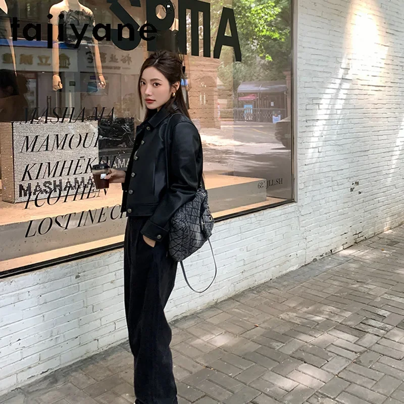 Женская короткая куртка TAJIYANE винтажное пальто из натуральной овечьей кожи