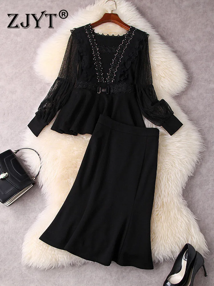 

ZJYT Runway Fashion Spring Dress Sets Womens Outfits Beading Lace Blouse and Mermaid Skirt Suit 2 Pieces Elegant Black Party
