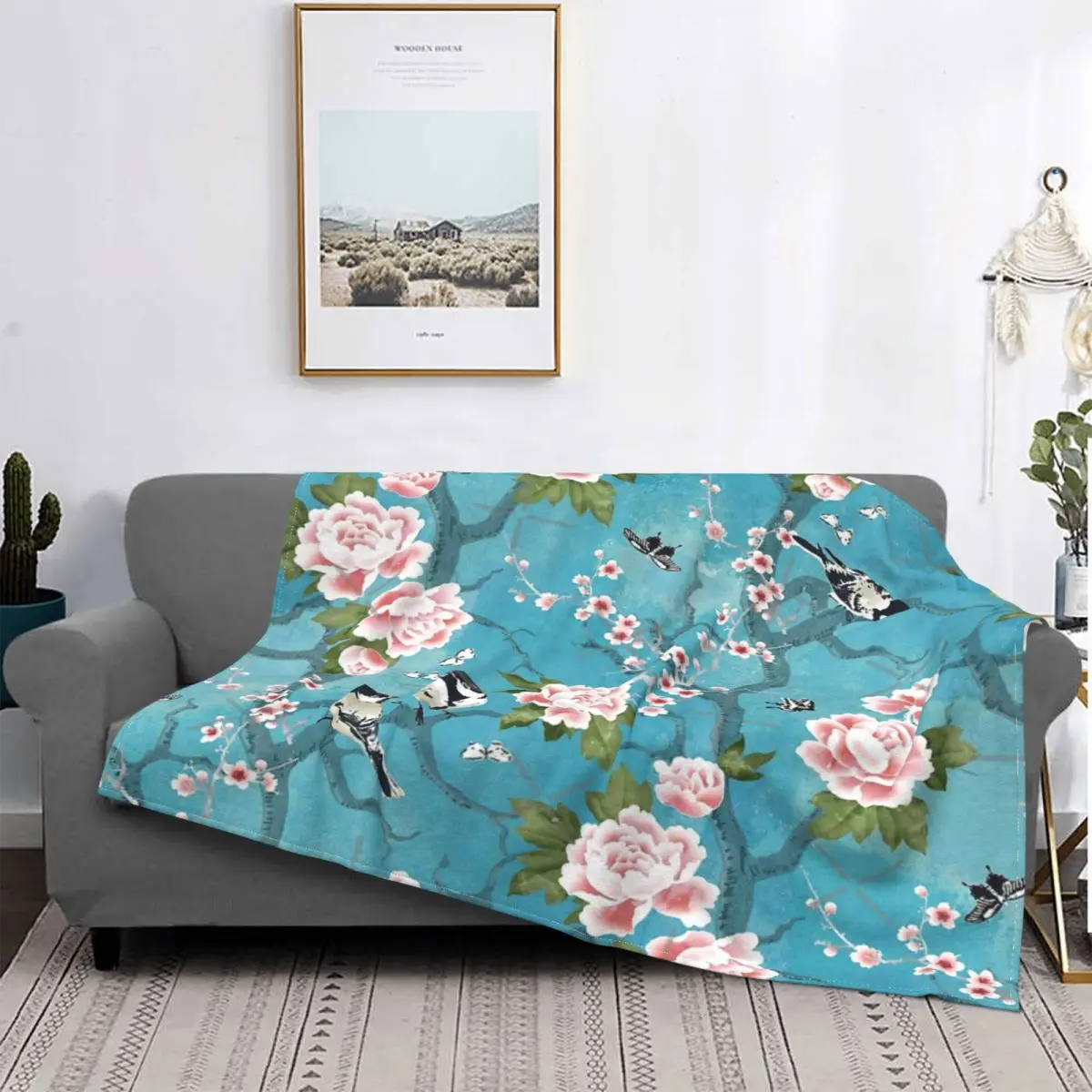 

Manta azul turquesa de pájaros de Chinoiserie, colcha a cuadros, para cama colcha, 150 mantas a cuadros, mantas receptoras