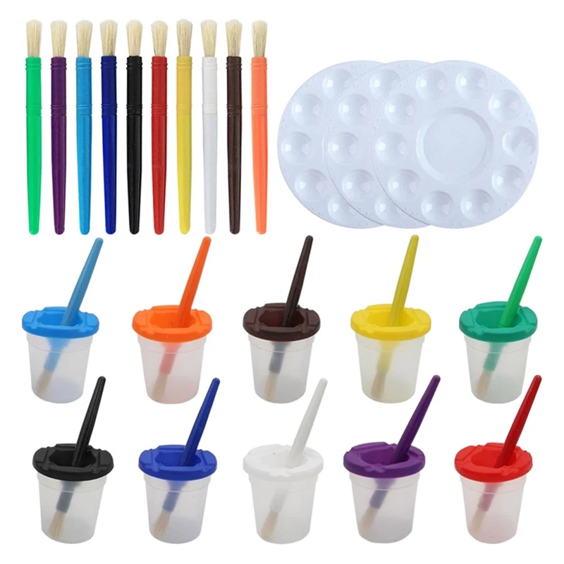

Kid Art Painting Grafitti Kit 10 Plastic Paintbrush 10 Cleaning Cups 3 Palettes for Toddler Painting Easter Egg Coloring
