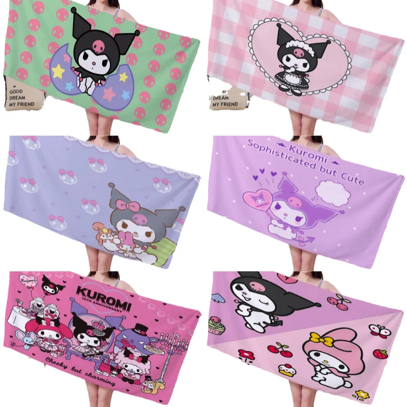 

Kawaii Kuromi My Melody Fiber Beach Towel Anime Sanrio Summer Sweet Cute Girl's Heart Absorbent and Quick-Drying Swimming Towel