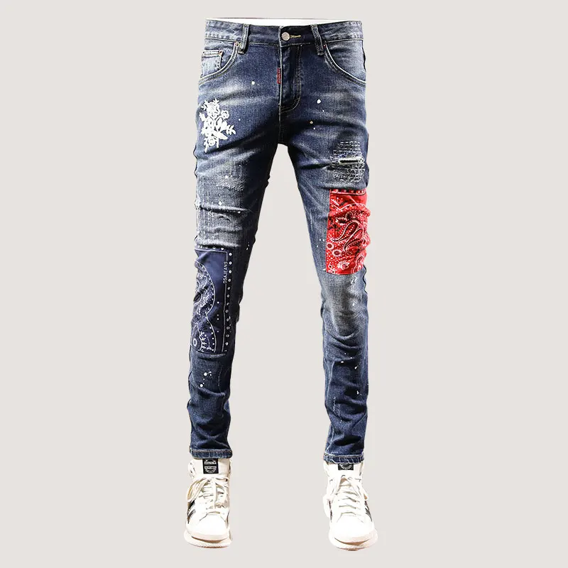 Streetwear Fashion Men Jeans Retro Blue Elastic Slim Fit Ripped Jeans Men Embroidery Patch Designer Hip Hop Denim Pants Hombre