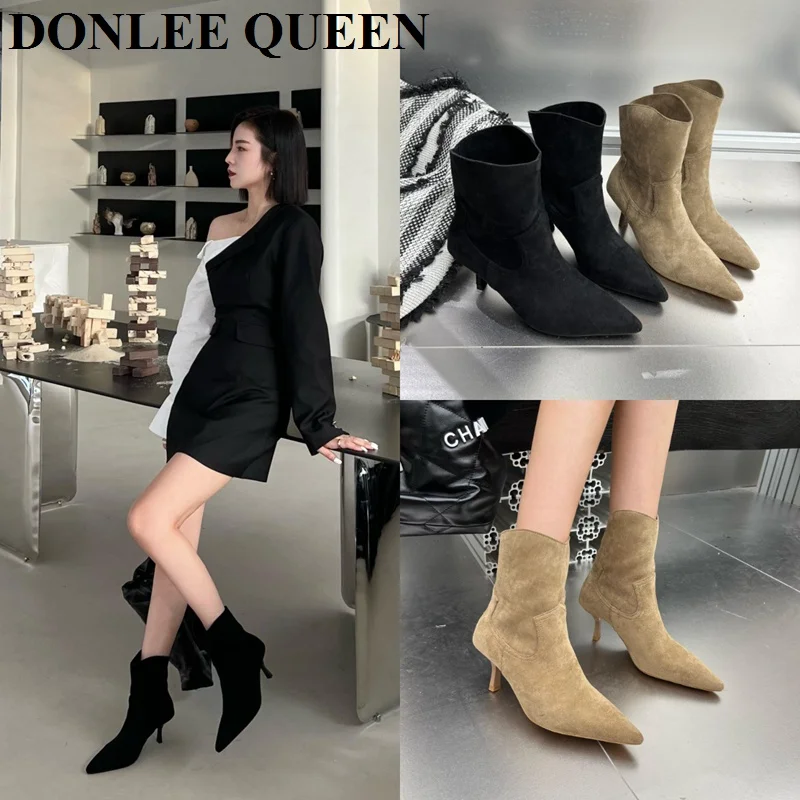 

Замшевые ботильоны с острым носком, обувь на высоком каблуке, женские современные ботинки без шнуровки, повседневные осенне-зимние коротки...