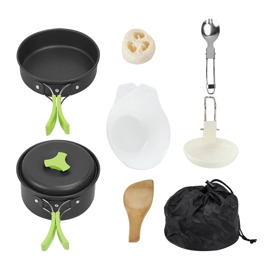 

8PCS/Set Camping Picnic Cookware Kit Outdoor Aluminum Cooking Set Pan Pot Travelling Hiking Picnic BBQ Tableware Equipments