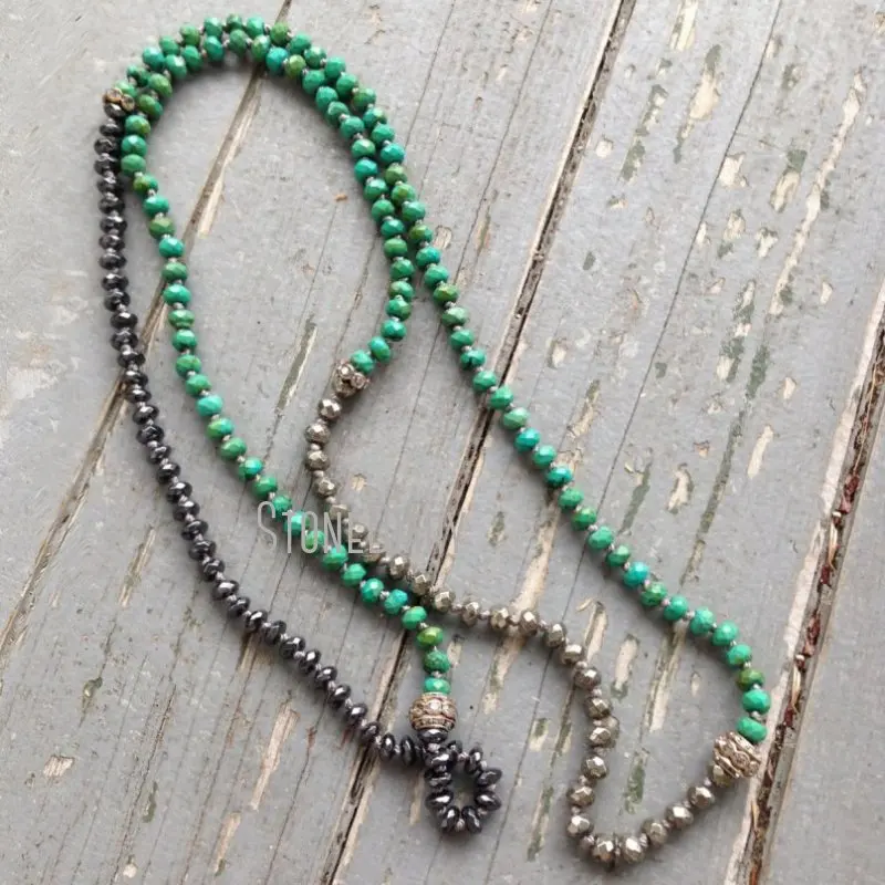 

NM21469 Natural Gemstone Turquoise Hematite And Pyrite Necklace Hand Knotted Long Beaded Necklace Boho Chic Layering Necklace