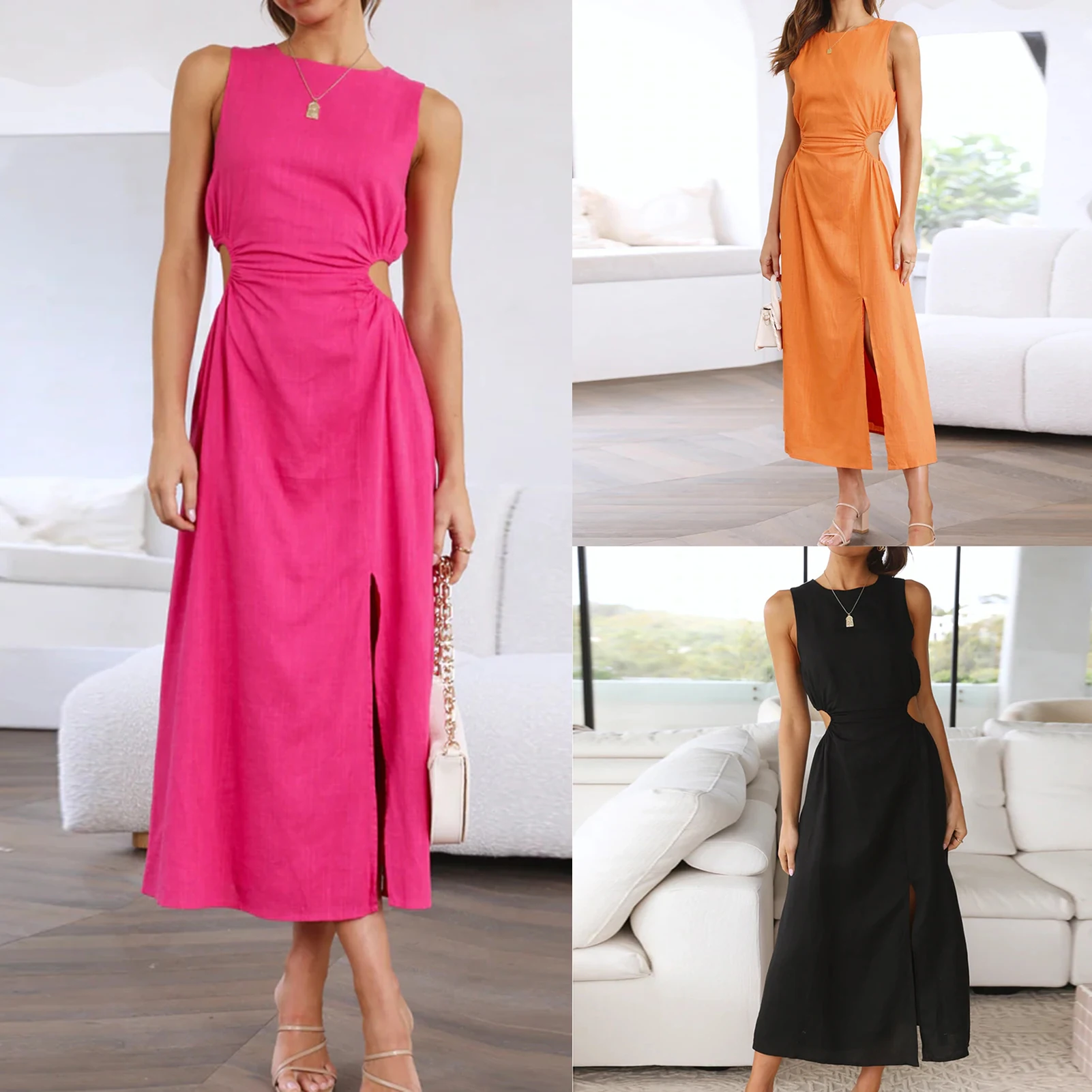 

2023 Fashion Women New Maxi Dress High Waist Slit Sleeveless Elegant Solid Colors Hollow Waist Female Temperament Party Clubwear