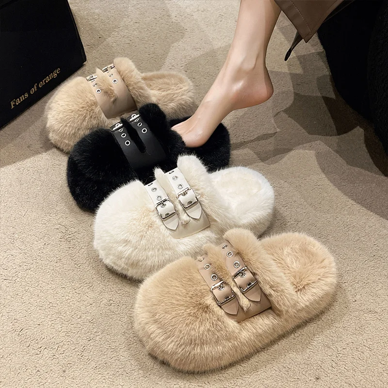 

Female Shoes House Slippers Platform Cover Toe Fur Flip Flops Slides Women Heels Flock Fashion 2023 Plush Massage High Flat