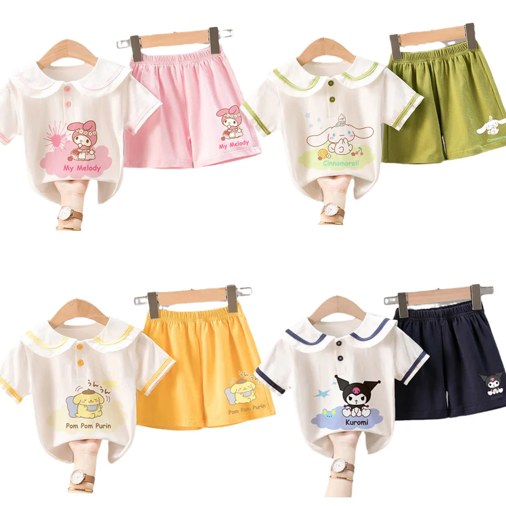Sanrios Kuromi Cinnamoroll My Melody Pompom Purins Boys Girls Short Sleeve T-Shirt Shorts Anime Figure Cotton Preppy Summer Suit